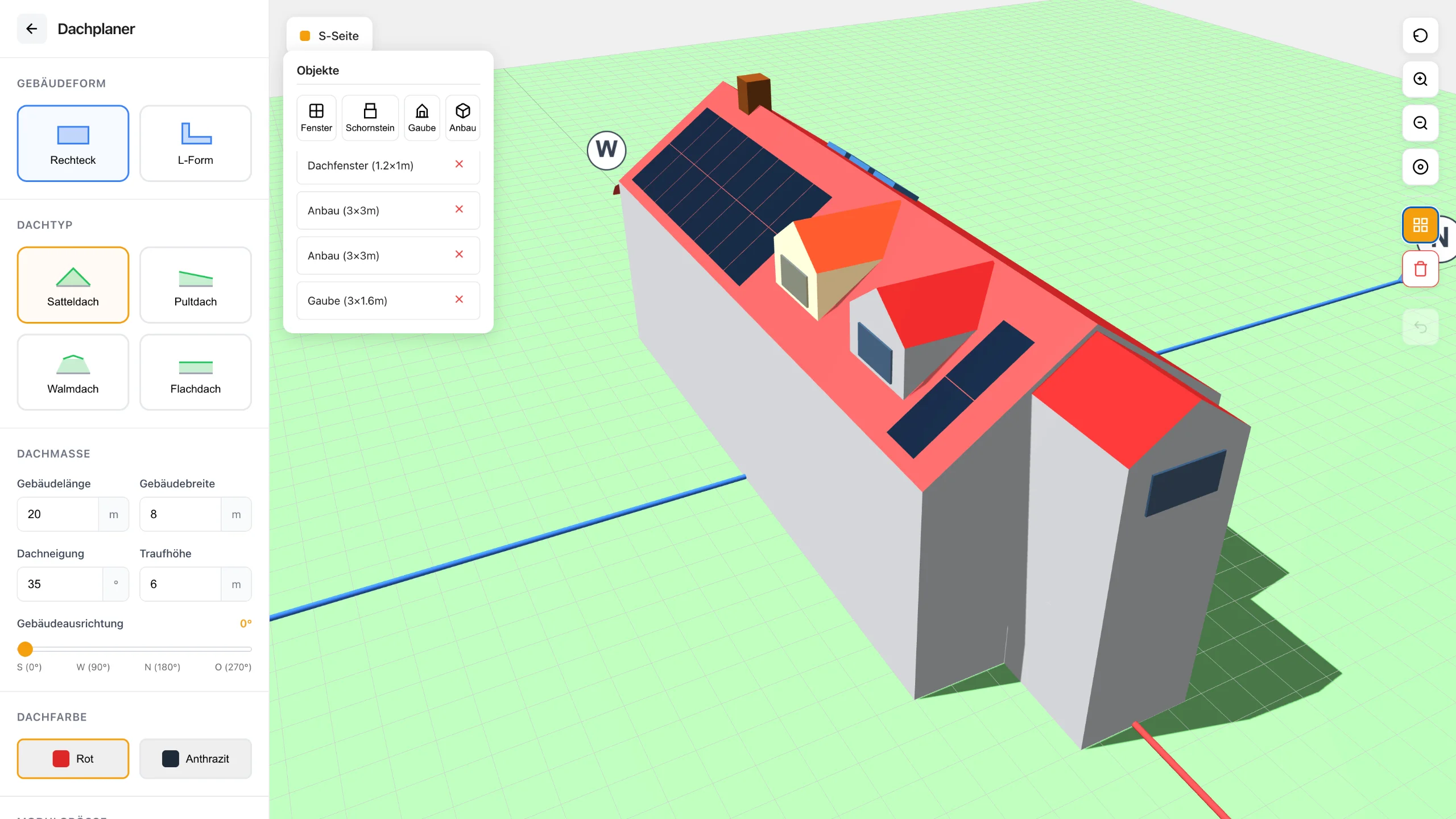 3D-Dachplaner: Satteldach mit Schornstein, Gaube und Anbau, Solarmodule auf der Südseite, links die Eingaben für Gebäudeform, Dachtyp und Dachmaße